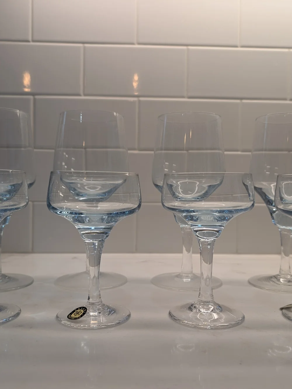 Mid-Century Modern Light Blue Sasaki Glass Wine Glasses & Cocktail Coupes - Set
